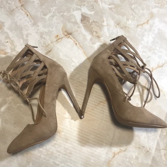 Nude Charlotte Russe Tie Up Heels Zip Lace Size - Picture 6 of 7